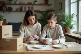 Femme et adolescent emballant des plats en céramique dans un salon