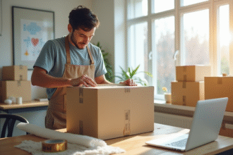 Agent emballant un grand colis dans un bureau lumineux