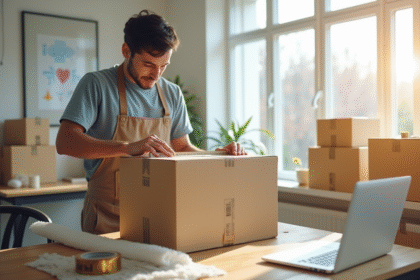 Agent emballant un grand colis dans un bureau lumineux