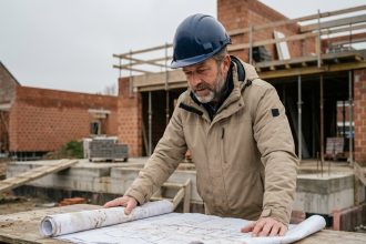 Entrepreneur en construction belge examinant des plans architecturaux sur un chantier résidentiel en Belgique