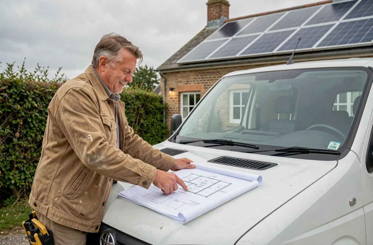 Professionnel de l'Entreprise Breton consultant des plans d'installation solaire devant une ferme normande équipée de panneaux photovoltaïques