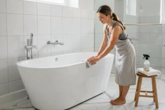 Femme entretenant une baignoire semi îlot 170 cm avec un chiffon microfibre dans une salle de bain moderne