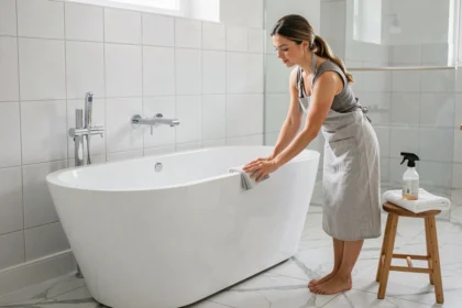 Femme entretenant une baignoire semi îlot 170 cm avec un chiffon microfibre dans une salle de bain moderne