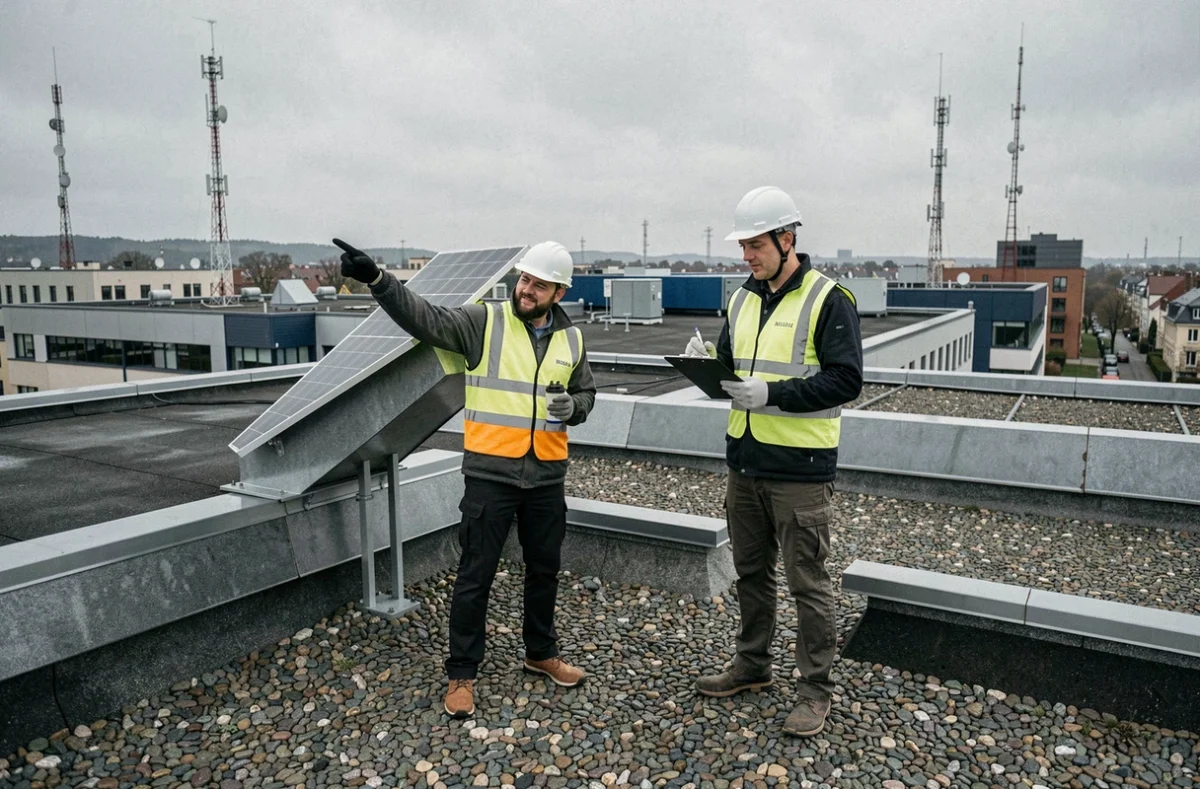 Deux ingénieurs d'Eurion Energy réalisant une étude de faisabilité sur le toit d'un bâtiment commercial avec vue urbaine normande