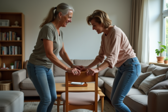 Femme et bénévole Emmaüs souriants dans un salon chaleureux