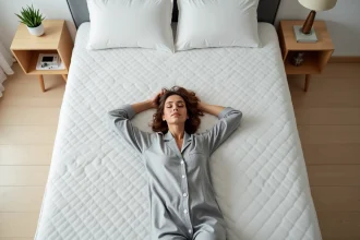 Femme allongée sur un matelas Duvivier dans une chambre minimaliste, test de confort et soutien lombaire