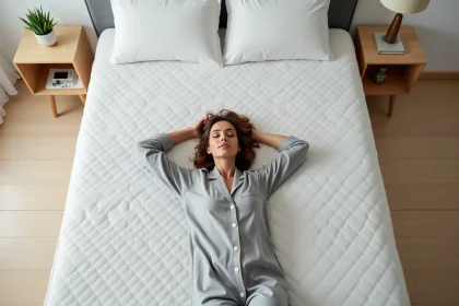 Femme allongée sur un matelas Duvivier dans une chambre minimaliste, test de confort et soutien lombaire
