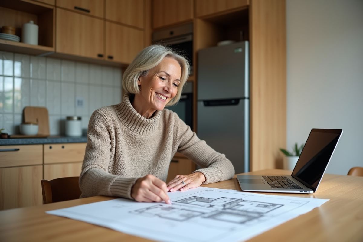 Femme relisant des plans de maison dans sa cuisine