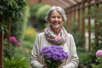 Femme souriante tenant un bouquet de fleurs dans un jardin botanique