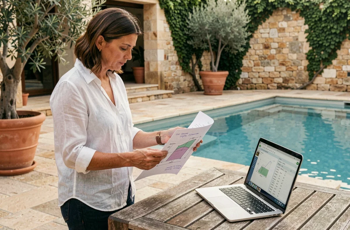 Femme consultant un plan de calcul de volume de piscine lors d'un projet de rénovation en terrasse méditerranéenne