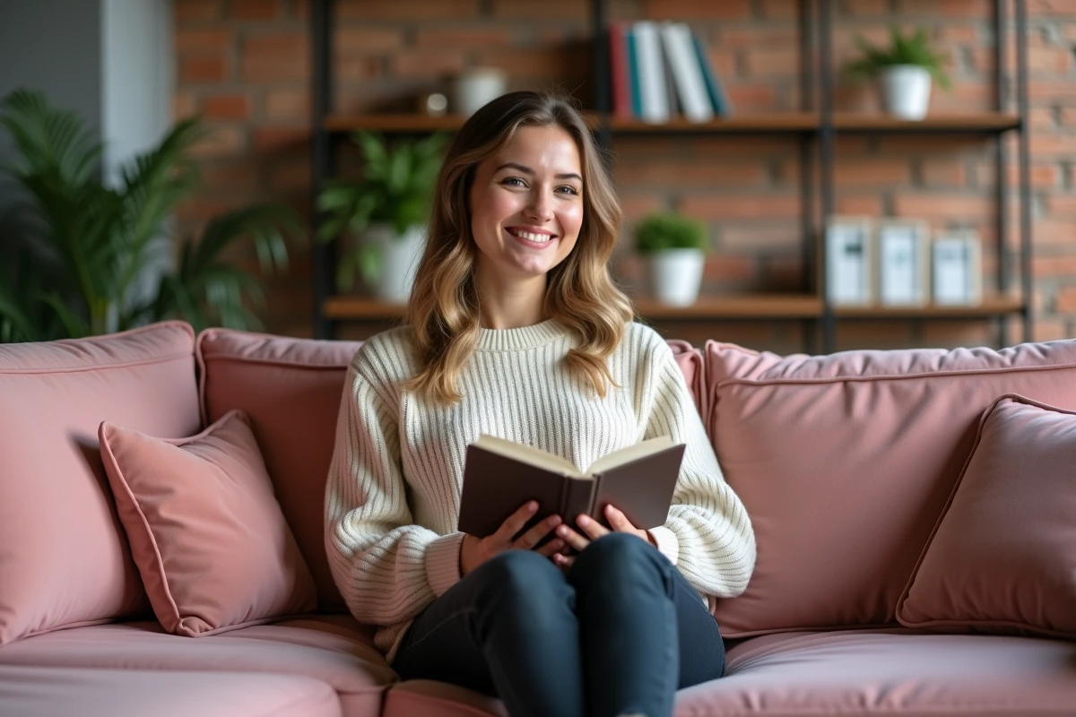 Femme assise sur un canapé d'angle recouvert d'une housse velours rose poudré dans un appartement cosy