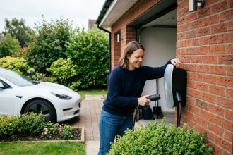Femme souriante charge une voiture électrique dans son garage
