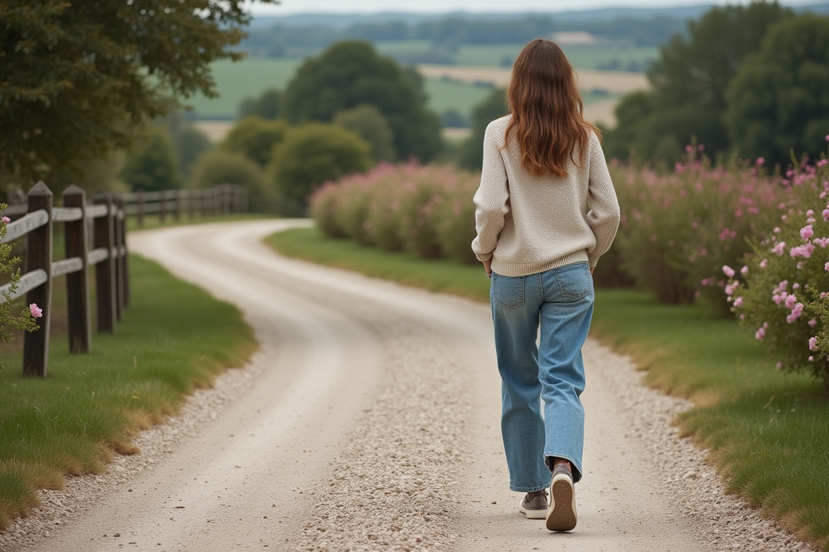 Jeune femme marchant sur un chemin de gravier rural