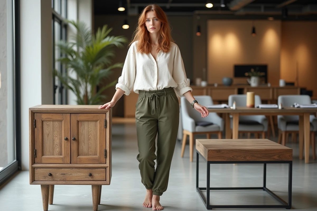 Femme hésitant entre un meuble vintage en chêne et une table basse industrielle dans un showroom de décoration