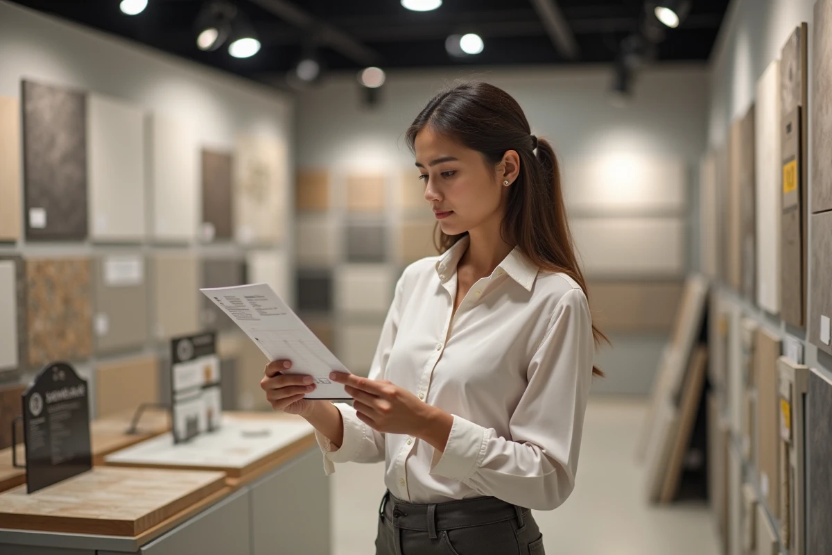 Femme choisissant un carreau dans un showroom