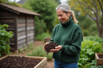 Femme examinant du compost dans son jardin
