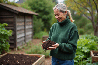 Femme examinant du compost dans son jardin