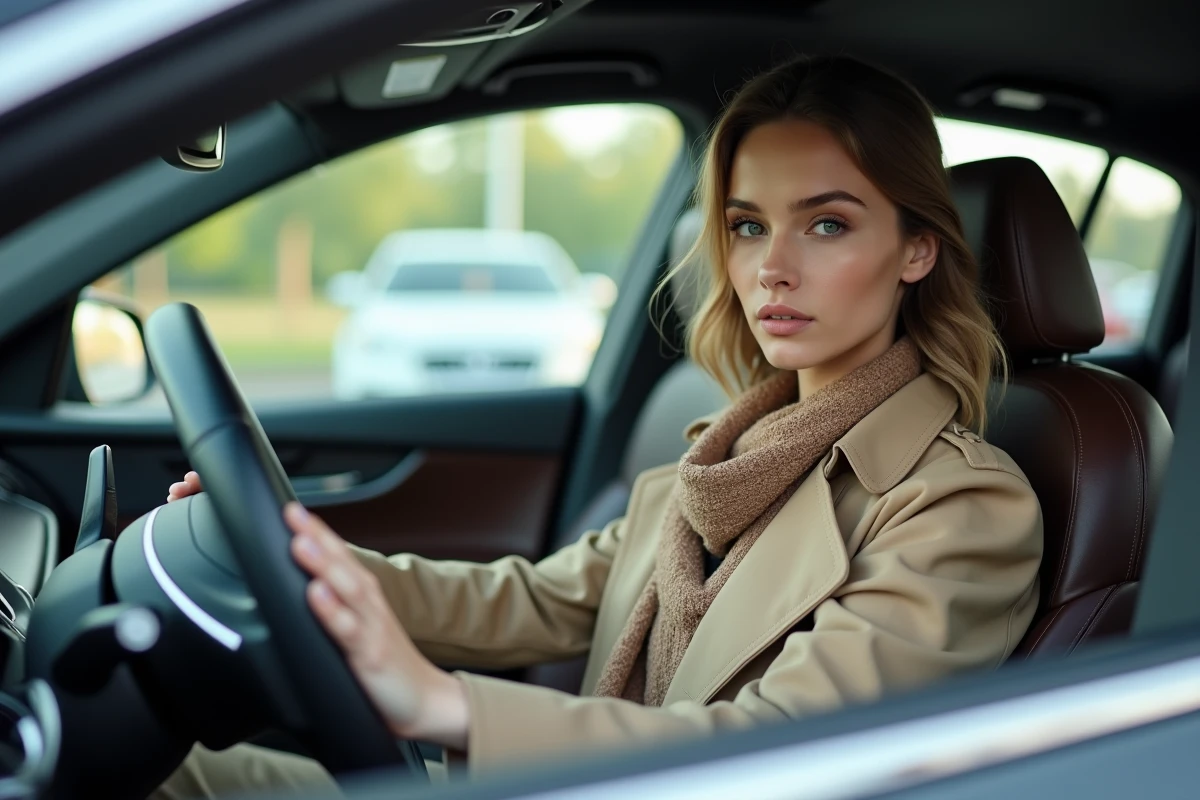 Jeune femme dans une voiture avec logo W dans un concessionnaire
