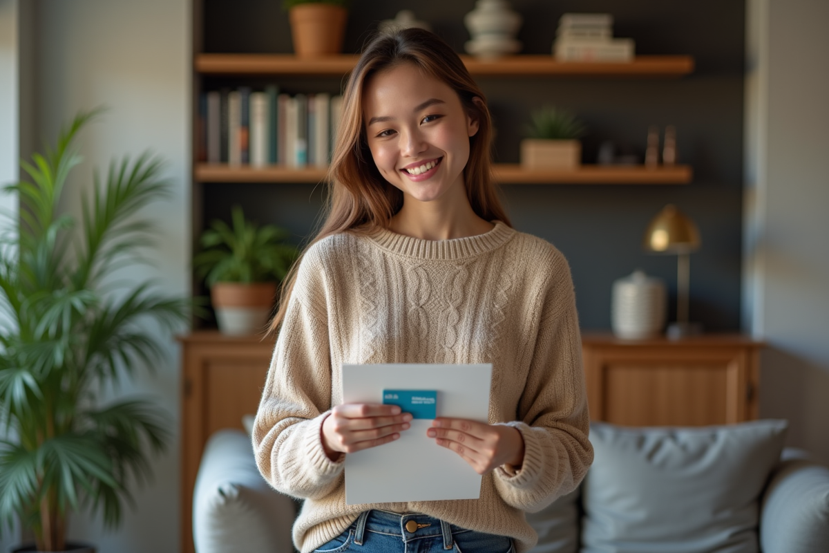 Jeune femme souriante tenant une carte de plombier dans son salon