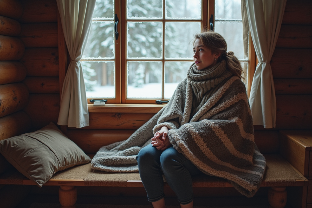 Femme dans une cabane enneigee avec une couverture en laine
