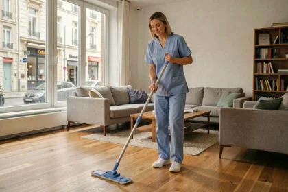 Femme de ménage professionnelle nettoyant le parquet d'un appartement moderne à Rennes