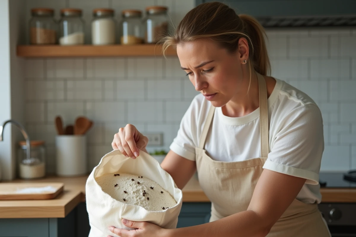 Femme découvrant des petites bêtes marron dans un sac de farine ouvert dans sa cuisine
