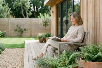 Femme détendue dans un jardin moderne avec terrasse en bois
