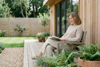 Femme détendue dans un jardin moderne avec terrasse en bois