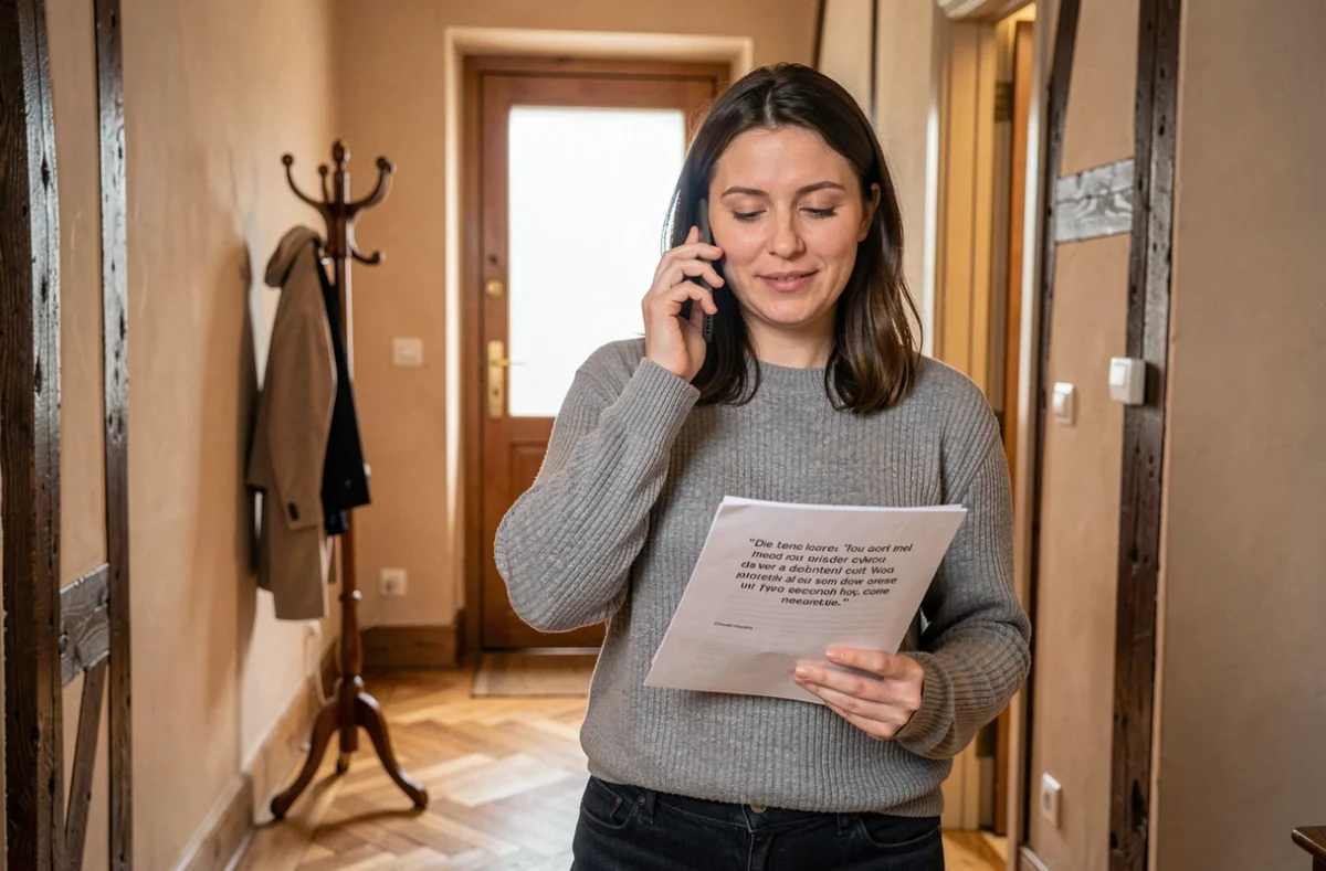 Femme recevant un devis d'artisan par téléphone dans son entrée de maison alsacienne à Strasbourg