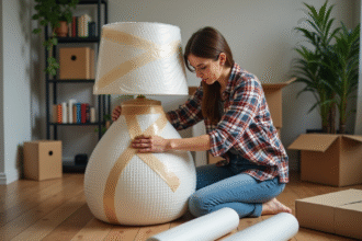 Femme emballant une lampe avec du papier bulle dans le salon