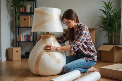Femme emballant une lampe avec du papier bulle dans le salon