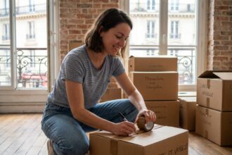 Jeune femme emballant une boxe dans un appartement parisien