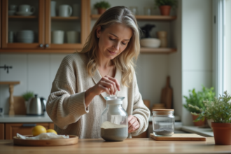 Femme versant de l'eau filtrée dans un verre à la maison