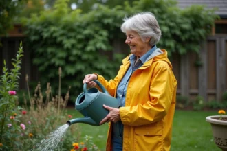 Femme en jardin avec arrosoir rempli d'eau de pluie