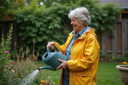 Femme en jardin avec arrosoir rempli d'eau de pluie