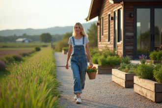 Jeune femme en overalls dans un jardin de ferme