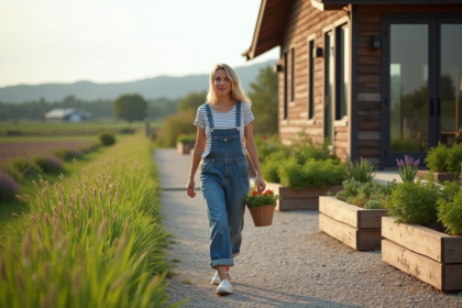 Jeune femme en overalls dans un jardin de ferme
