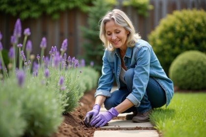 Femme en jardinage plantant de la lavande dans un jardin