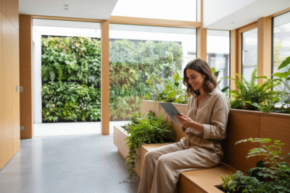 Femme souriante avec tablette dans un salon moderne et écologique