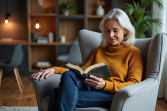 Femme d'âge moyen lisant dans un salon cosy