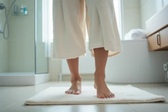 Femme en peignoir sur tapis antidérapant dans salle de bain