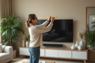Femme mesurant la distance entre télévision et miroir dans un salon