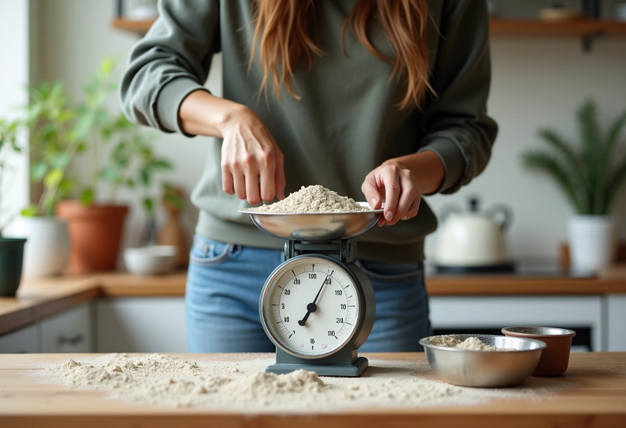 Jeune femme mesurant mortier dans une cuisine lumineuse