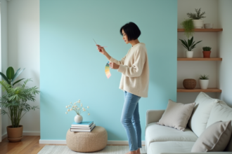 Femme examinant un échantillon de couleur dans un salon scandinave