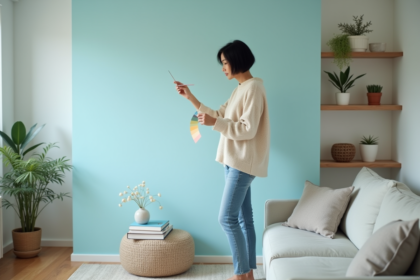 Femme examinant un échantillon de couleur dans un salon scandinave