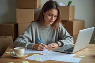 Femme personnalisant une checklist déménagement imprimée à table avec ordinateur portable et boîtes de cartons en arrière-plan