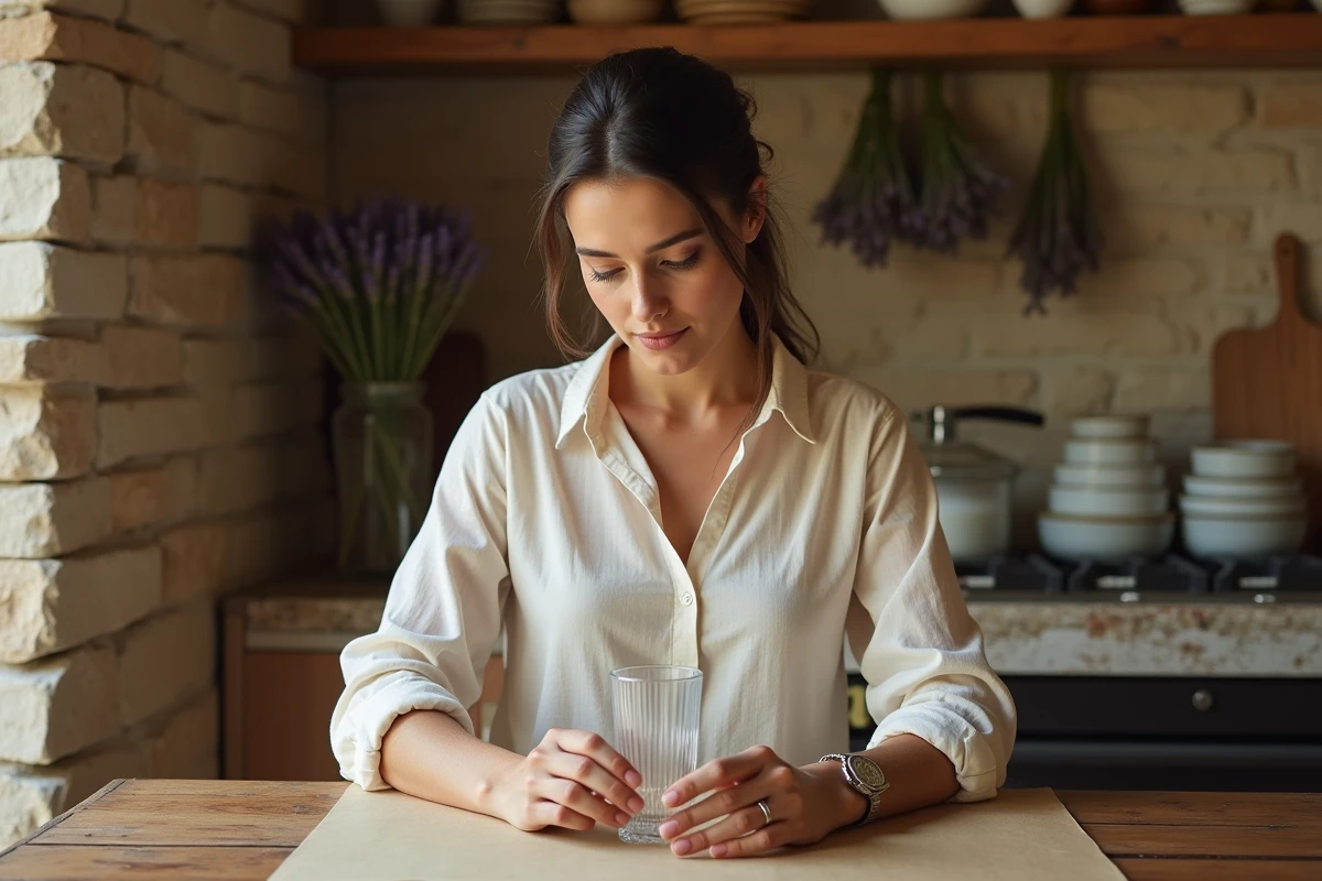 Femme disposant un verre d'eau sur une table rustique dans une cuisine provençale, geste précis de placement de verre pour une décoration de table soignée