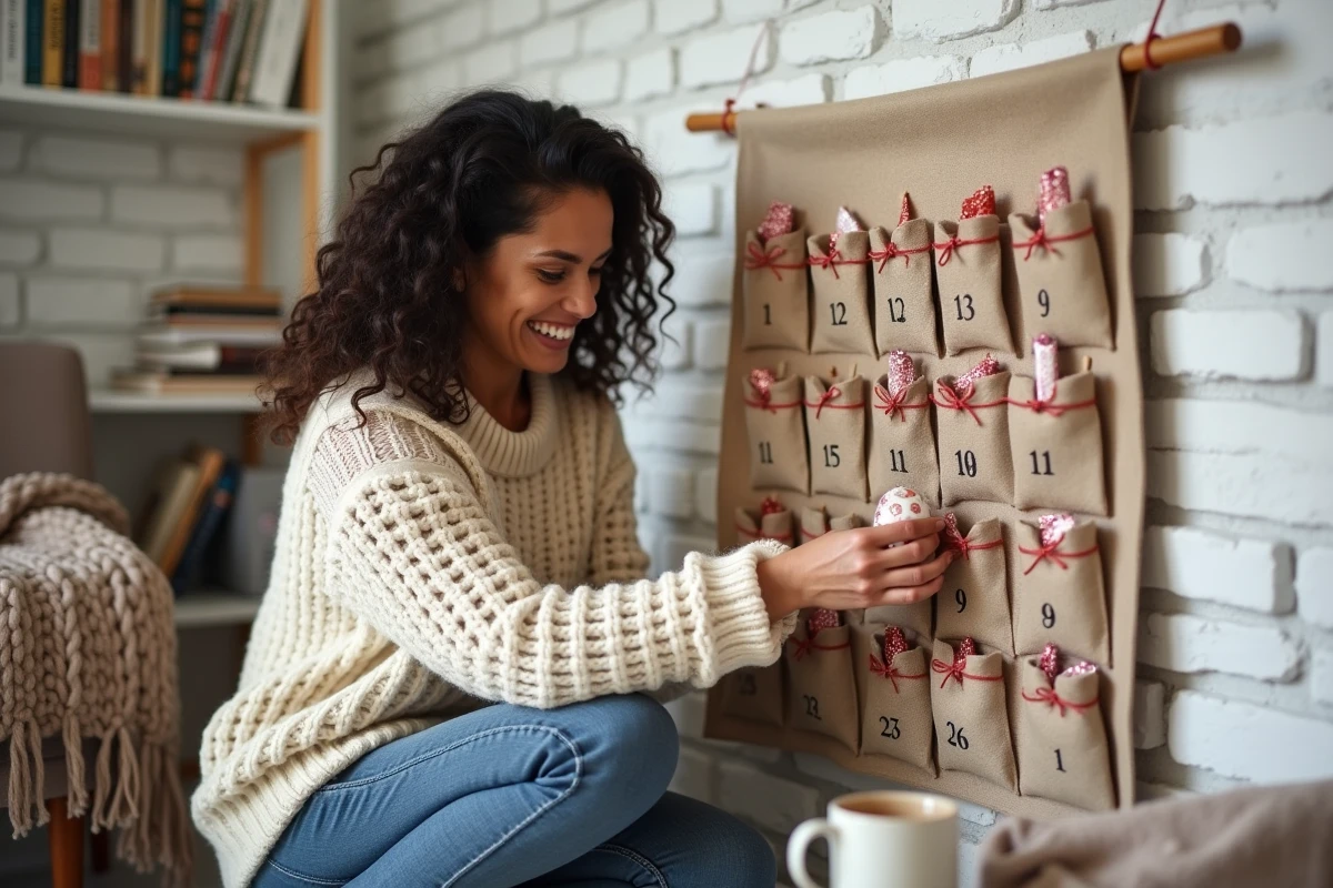Femme préparant un calendrier de l'avent en tissu fait maison accroché au mur, glissant une surprise gourmande dans une pochette numérotée en lin