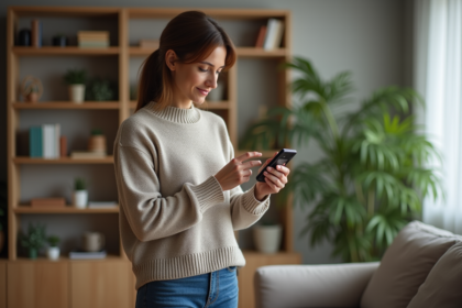Femme inspectant un moniteur de qualite de l air a la maison
