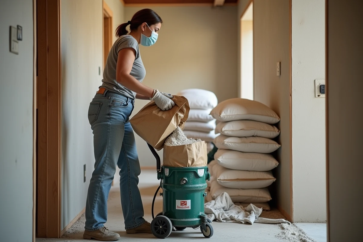 Femme versant des sacs de ouate de cellulose dans la trémie d'une souffleuse lors d'une rénovation intérieure